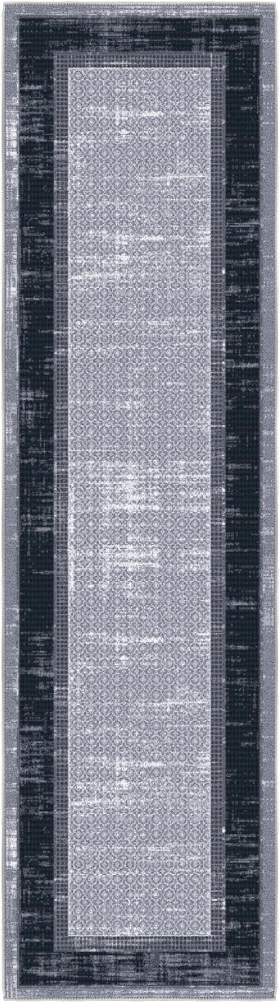 Ottomanson Hallway Runner Rug 1'10" x 7' Non Slip Border Area Rugs Easy to Clean Laundry Rug Runner Durable & Pet Friendly Floor Carpet Runners for Hallways Entryway Living Room Kitchen, Gray/Navy