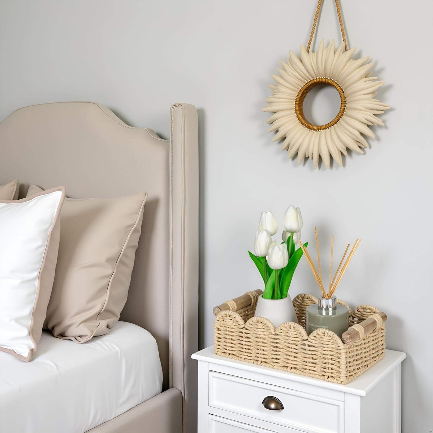 CubesLand Scalloped Edge Toilet Paper Storage Basket, Living Room Home Cozy Decor Basket, Paper Rope Small Baskets for Over Toilet Storage Shelf, End Table, Shelves, with 2 Wooden Handles, Beige