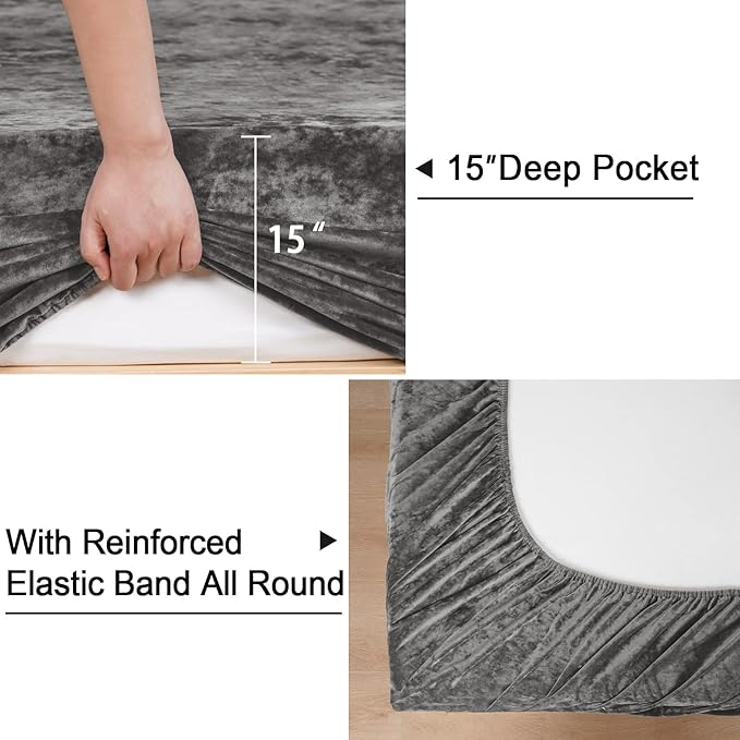 PHF Truly Velvet Fitted Sheet Only Queen Size, Luxury Super Soft Cozy Fuzzy Fleece Bottom Sheet with Deep Pocket Up to 16",Suitable for Fall Winter Spring, No Pillowcases, Charcoal/Dark Grey