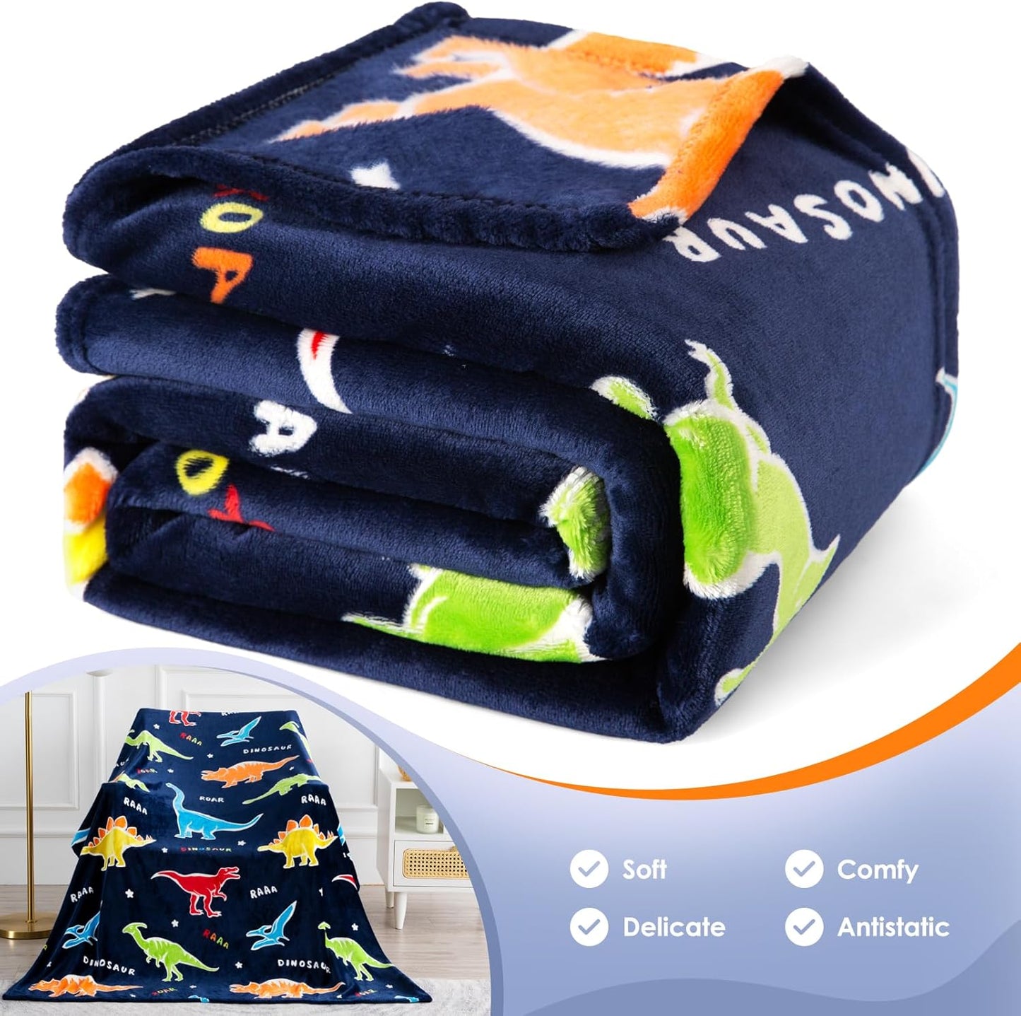 Jekeno Dinosaur Glow in The Dark Blanket Dino Throw for Kids Boys Girls Birthday Christmas Age 3-18 Years Old Teens Child Toddler Son Easter Halloween Blanket Navy Blue 60"x80"