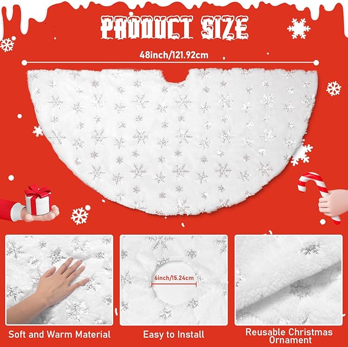 Christmas Tree Skirt 48 inches Faux Fur White Christmas Tree Skirt for Christmas Tree Decorations Winter Holiday Home Christmas Party Ornaments (Silver)
