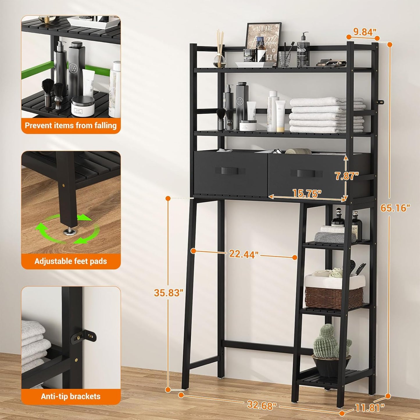 Homykic Over The Toilet Storage with 2 Drawers, Bamboo Above Toilet Shelf Organizer, Bathroom Tower Rack with Toilet Paper Holder Stand, Space Saver, Mass Storage, No Rust, Black