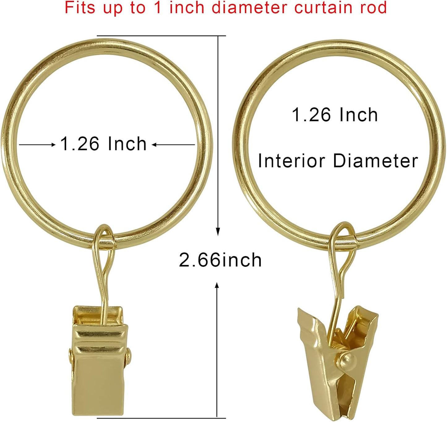 100 Pack Curtain Rings with Clips, Drapery Clips with Rings, Drapes Rings 1.26 in Interior Diameter, Fits up to 1 in Curtain Rod, Gold Color