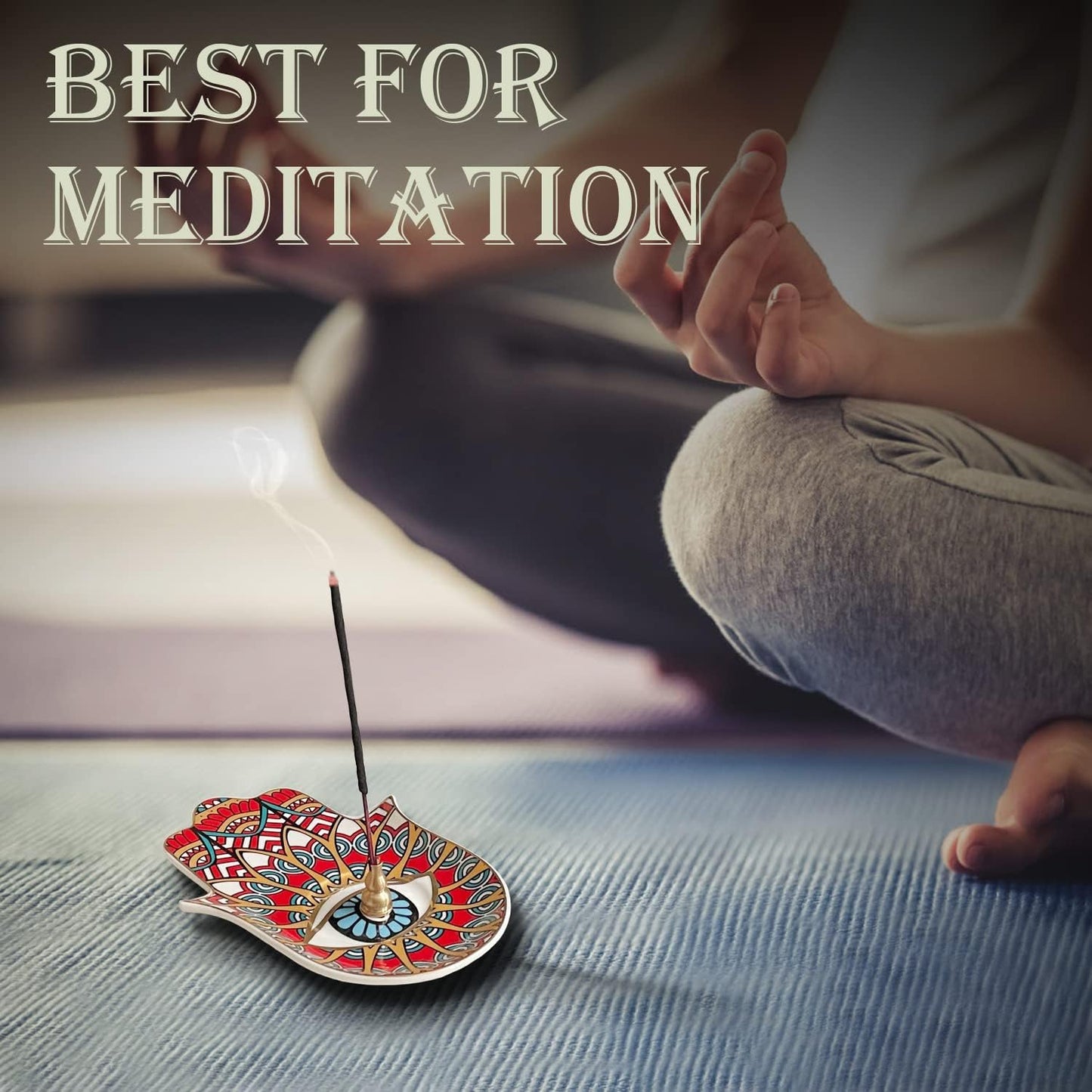 Ceramic Hamsa Hand Incense Holder - 2 in 1 Brass Incense Holder for Sticks and Coil Incense- Zen Decor with Hand of Fatima Design Protection from Evil - 6.2" L X 4.5" W (red)