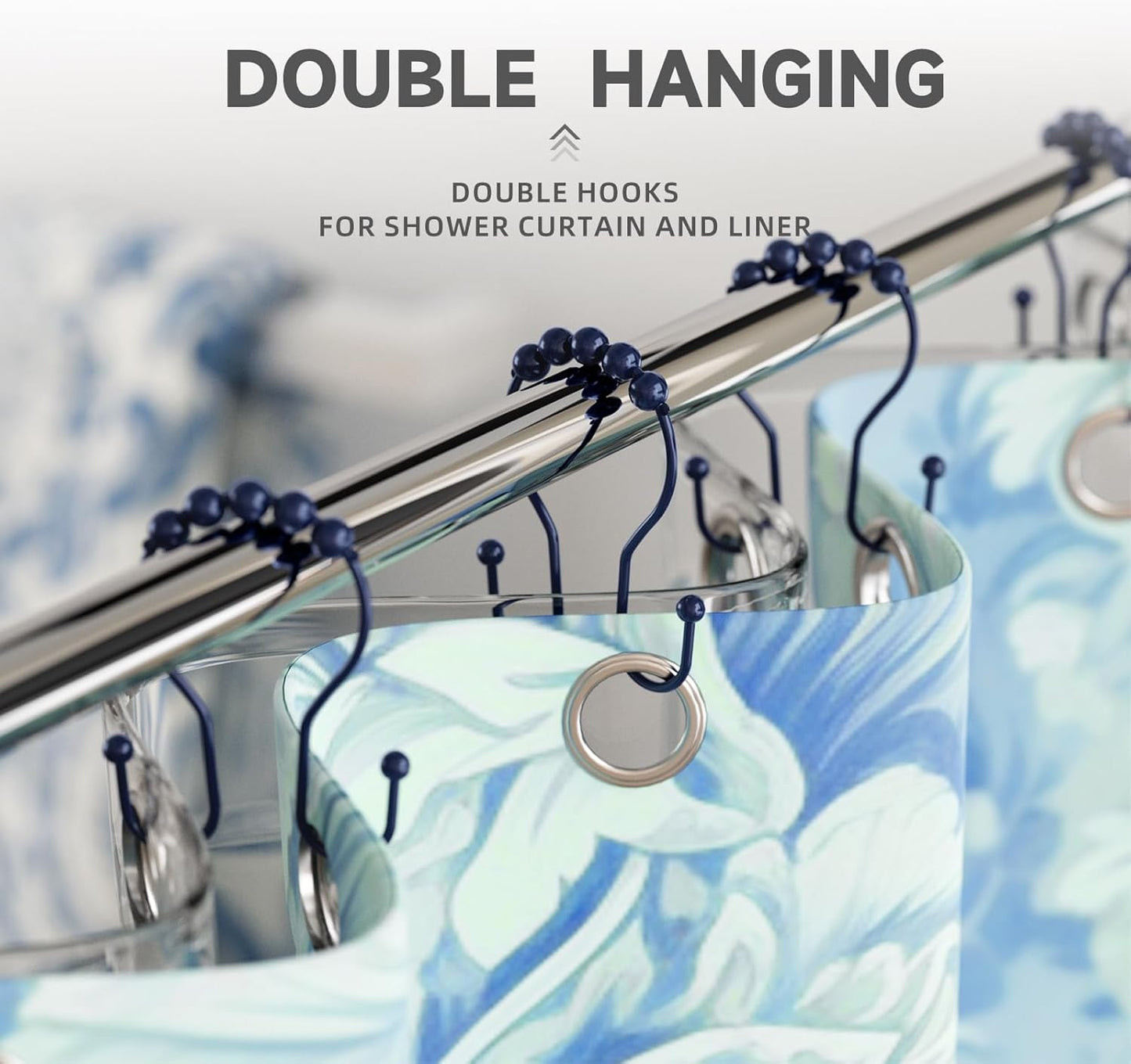 Shower Curtain Hooks, Shower Curtain Rings Rust Proof Navy Blue Double Hook Shower Curtain Hooks, 12 Pcs Shower Hooks for Shower Curtain, Shower Rings for Curtain, Metal Shower Rod Hooks