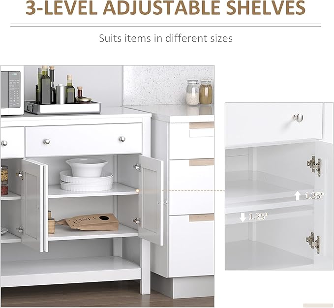 HOMCOM 47" Coffee Bar Cabinet, Sideboard Buffet, Accent Kitchen Cabinet with Adjustable Shelves and Drawers for Living Room, White