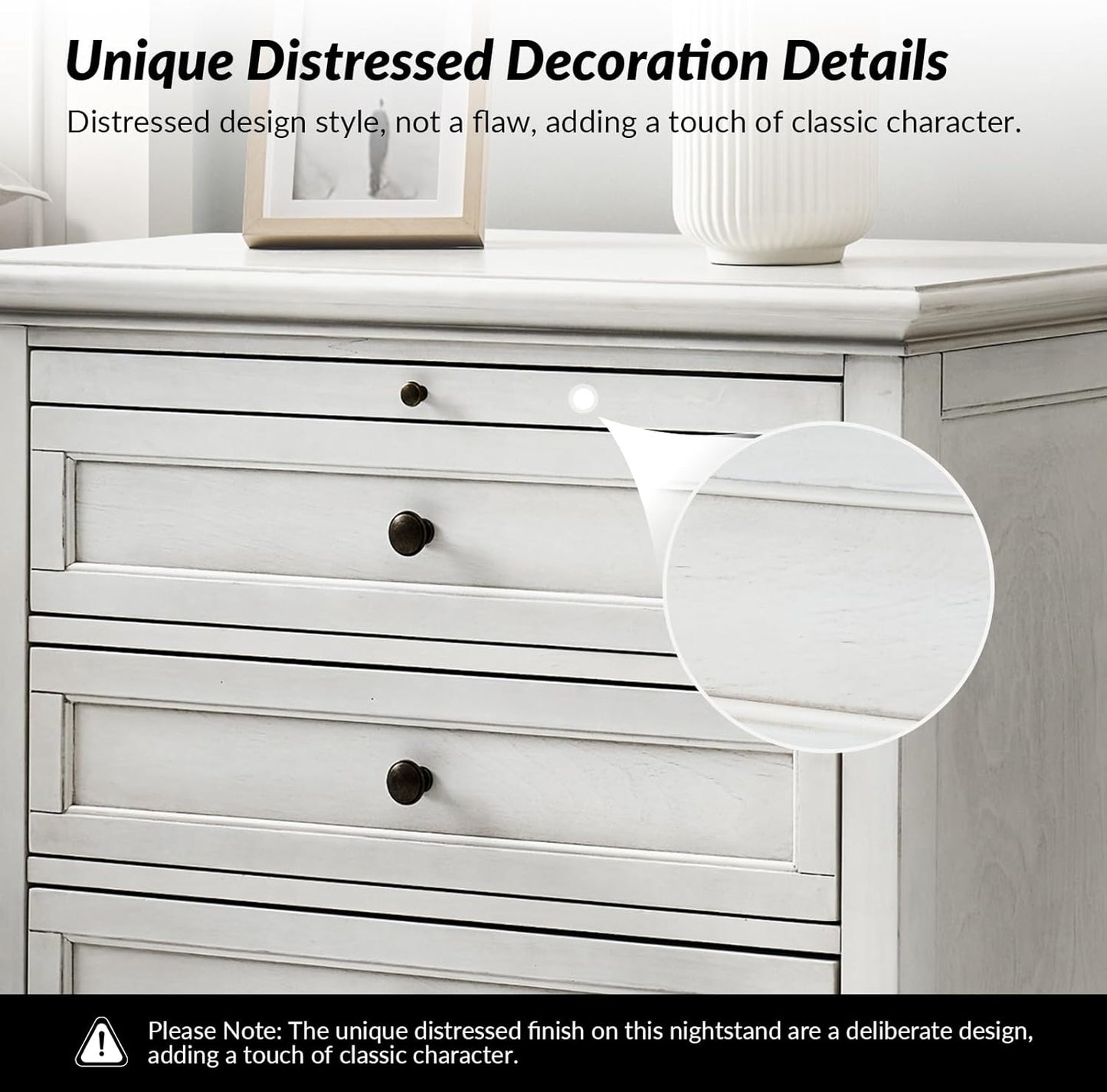 HULALA HOME Farmhouse 3 Drawer Nightstand with Tray, Drawer Organizer with Solid Wood Legs, Nightstand with Charging Station(Set of 2, White)