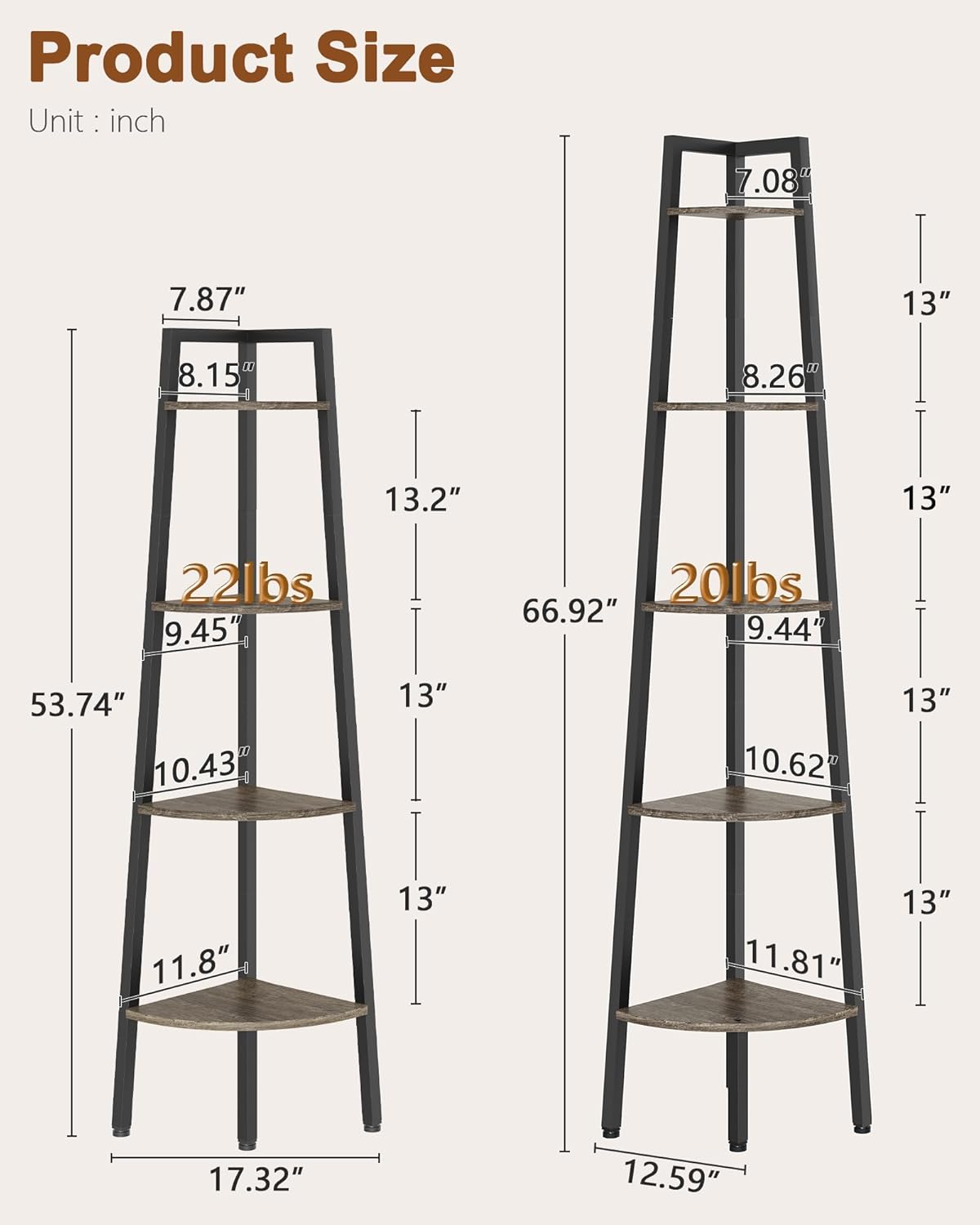 Hoctieon Corner Shelf, 5-Tier Corner Bookshelf, Rustic Ladder Shelf, Industrial Display Stand for Living Room, Kitchen, Home Office, Balcony, Small Space, Metal Frame, Grey