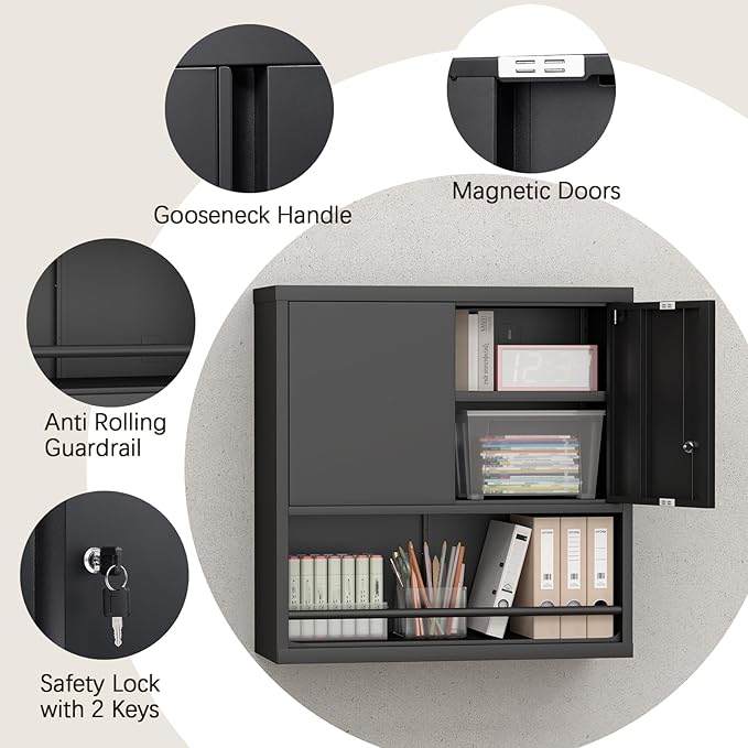 LUCYPAL Garage Storage Cabinet with Locking Doors and Shelves,Black Metal Wall Cabinets for Garage,Floating Upper Storage Cabinet for Warehouse/Basement/Kitchen/Home Office