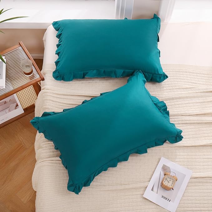 Merryword Teal Blue Pillow Ruffled Shams Blue King Pillowcases Cute Pillow Cover Set of 2 Soft Shabby Chic Pillowcases 2 Pack (King (20''x36''), Teal Blue)
