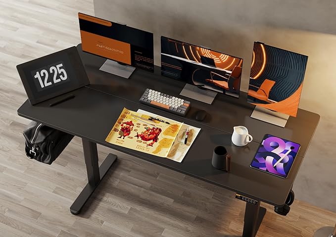 Claiks Electric Standing Desk, Adjustable Height Stand up Desk, 63x24 Inches Sit Stand Home Office Desk with Splice Board, Black Frame/Black Top