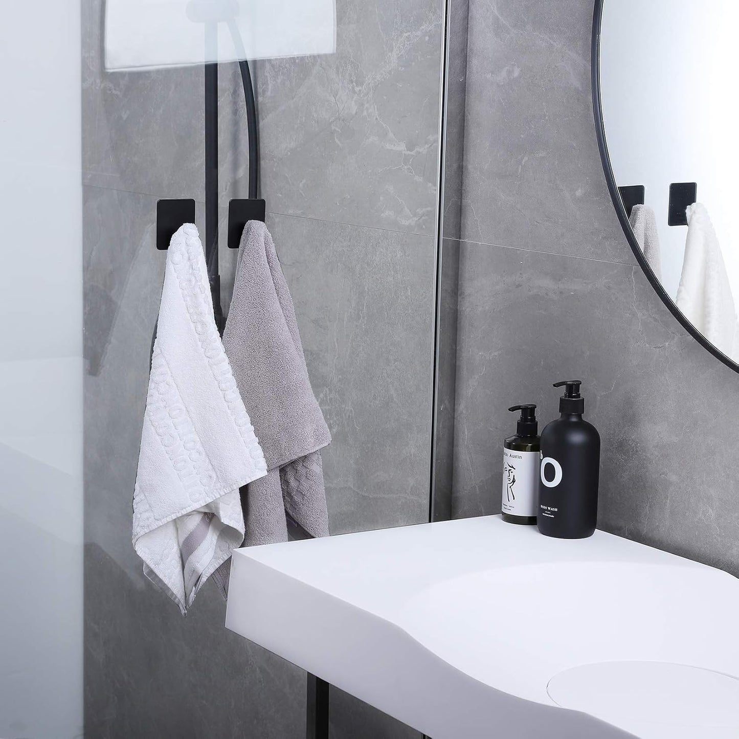 DELITON 8 Pack Adhesive Towel Hooks - Bathroom Towel Hooks/Wall Hooks for Hanging Coat Robe Stick on Bathroom or Kitchen Matte Black Stainless Steel