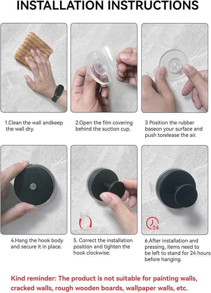 Suction Cup Hooks for Shower, Towel Hooks for Hanging Towels, Robes, Bath Balls, Stainless Steel Shower Hooks for Bathroom Wall, Glass Door, Kitchen, Mirror, Tile (2 Pack，Black)