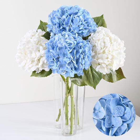 Artflower 4Pcs Real Touch Hydrangea Artificial Flowers, 22.5'' White & Blue Faux Full Latex Hydrangea Flowers for Home Floral Arrangements Wedding Bouquets Kitchen Table Centerpiece Decorations