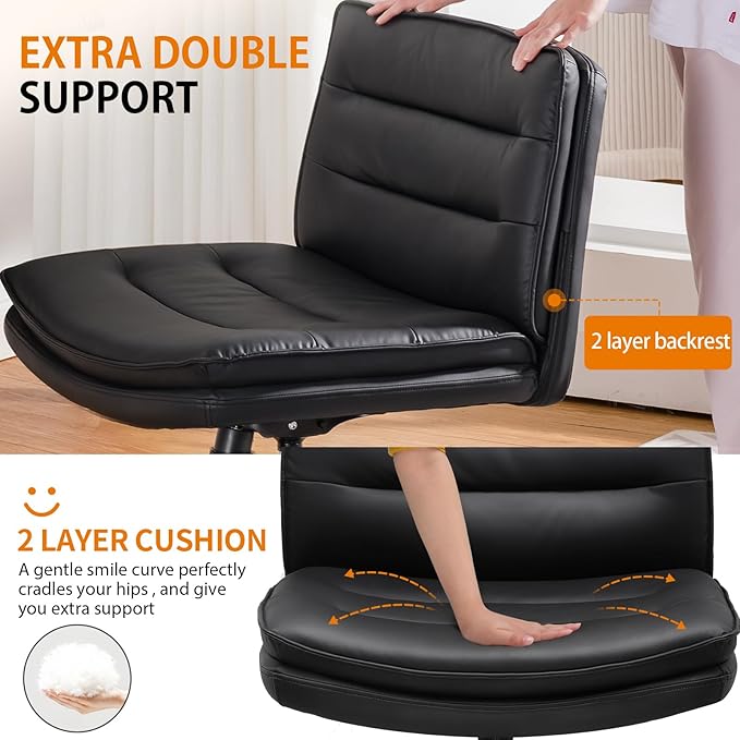 COMHOMA Cross Legged Office Chair with Wheels Armless Office Desk Chair, Modern Vanity Computer Task Chairs for Home Bedroom, Comfortable Wide Seat for Lower Back Pain Relief, PU Leahter, Black