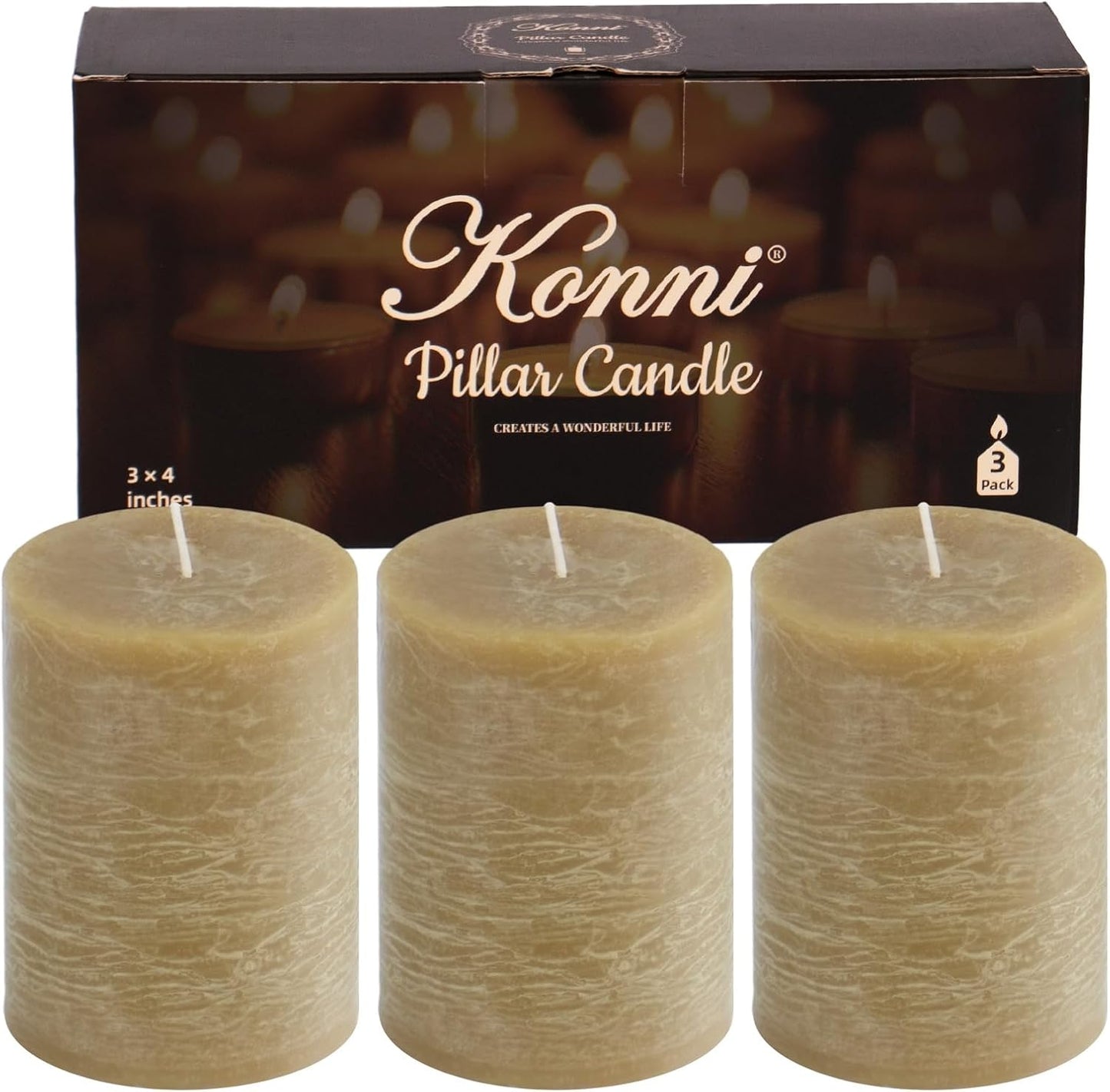 KONNI Wax Yellow Pillar Candles Set of 3, 3"x 4" Unscented Pillar Candles Bulk, 39 Hours Long Burning Candles, Smokeless&Dripless Large Round Candle for Wedding, Home Decoration, Parties, Spas, Dinner