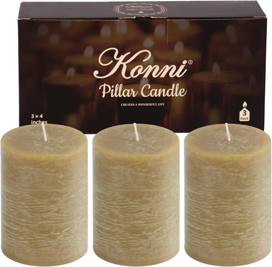 KONNI Wax Yellow Pillar Candles Set of 3, 3"x 4" Unscented Pillar Candles Bulk, 39 Hours Long Burning Candles, Smokeless&Dripless Large Round Candle for Wedding, Home Decoration, Parties, Spas, Dinner
