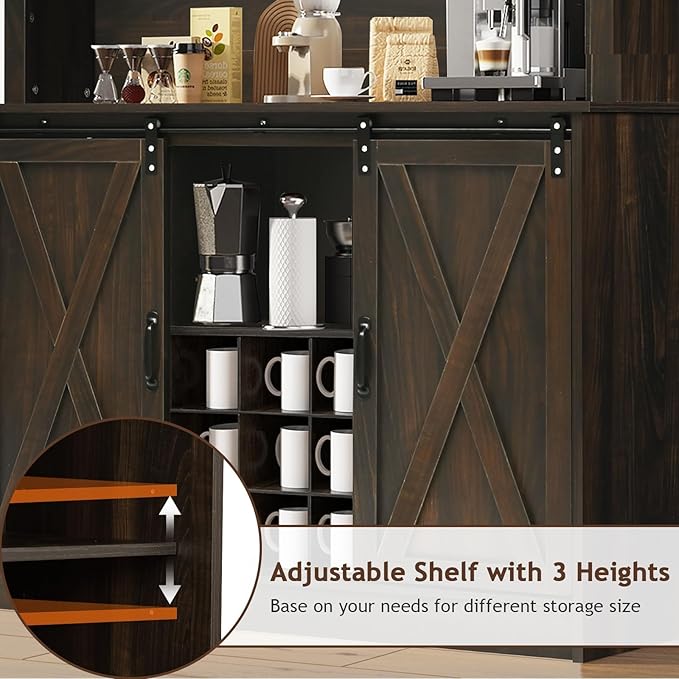 4ever2buy Farmhouse Coffee Bar Cabinet with 4 Mug Hooks, 72 Inch Wine Bar with with Hutch and 2 Sliding Barn Doors, Tall Coffee Bar with 9 Wine Racks for Living Dining Room, Dark Oak