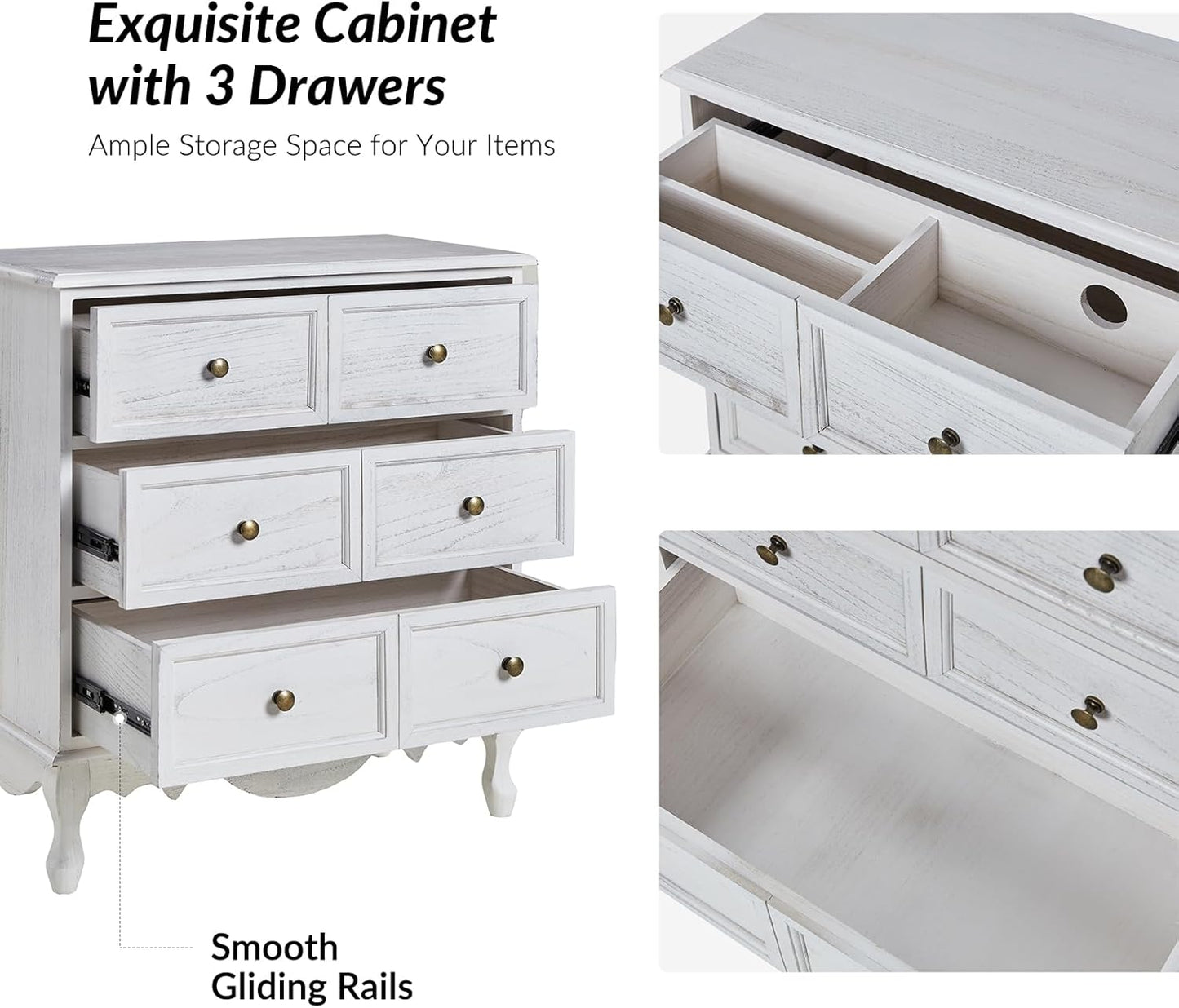 HULALA HOME 3-Drawer Nightstand with Charging Station, Drawer Organizer with Wood Legs, Farmhouse Solid Wood Nightstand Set of 2(White)