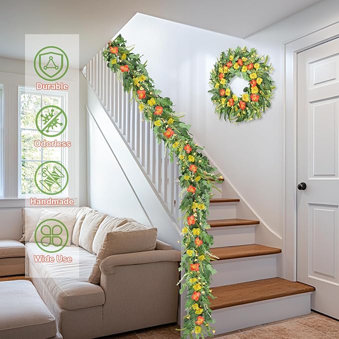 6FT Summer Garland for Decoration, Summer Green Eucalyptus Flower Garlands for Mantle Table Wedding Decor, Fake Vines Greenery Easter Garland Room Garden Backdrop Floral Arch Wall Farmhouse Home Decor