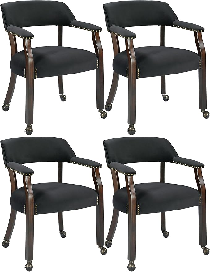 MODERION Dinning Chairs with Wheels and Arms Set of 4, Solid Wood Office Desk Chairs with Frosted Velvet Upholstered, Classic Swivel Accent Chairs, 31.5" H Boss Caption's Chair, Black, XXY-HT22-BK
