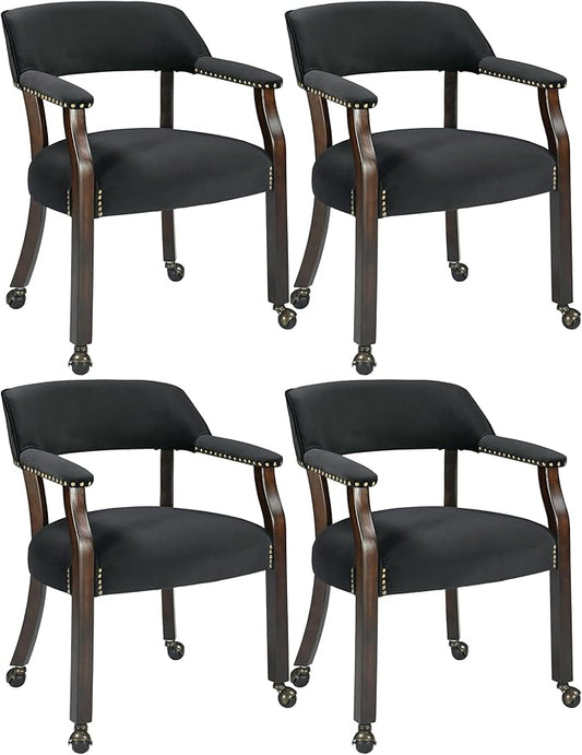 MODERION Dinning Chairs with Wheels and Arms Set of 4, Solid Wood Office Desk Chairs with Frosted Velvet Upholstered, Classic Swivel Accent Chairs, 31.5" H Boss Caption's Chair, Black, XXY-HT22-BK