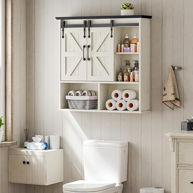 Vabches Bathroom Wall Cabinet, Farmhouse Medicine Cabinet with Double Sliding Barn Door and Adjustable Shelves, Wooden Vintage Storage Cabinet Wall Mounted for Bathroom, Kitchen, White and Black