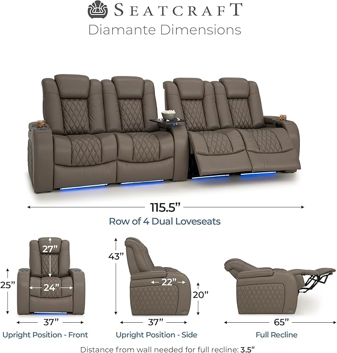 Seatcraft Diamante Zero-Gravity CoolZero Italian Leather Home Theater Seating, Power Headrest, Power Recline, Row of 4 Dual Loveseats, Gray