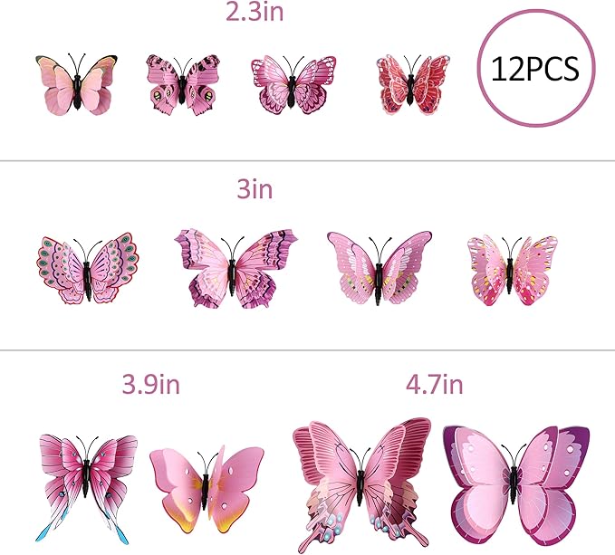 12PCS Butterfly Wall Decals Removable 3D Pink Butterflies Sticker with Magnets for Home Bedroom Kids Room Decor (Double Layer-Pink/12PCS)
