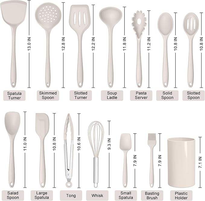 HaWare Kitchen Utensils, 14 PCS Silicone Cooking Utensils Set, Heat Resistant Kitchen Utensils for Non-stick Cookware, Kitchen Gadgets Tools with Spoons, Spatulas, Whisk, Dishwasher Safe (Khaki)