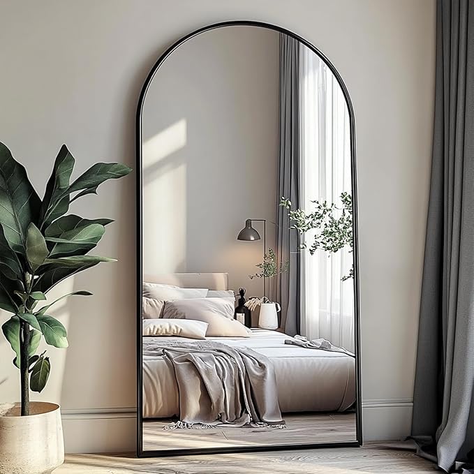 TinyTimes 76''x34'' Arched Floor Mirror, Full Body Mirror with Stand, Modern & Contemporary Design, Aluminum Alloy Frame (Black)