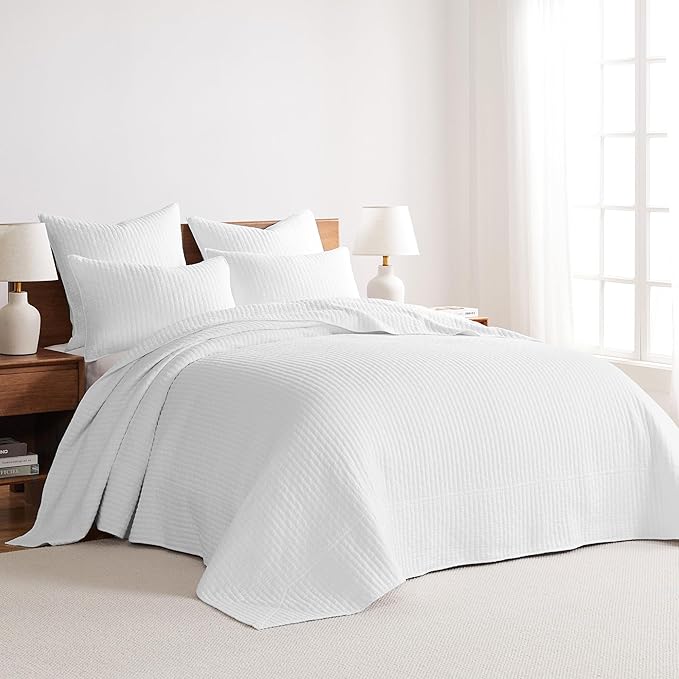 Levtex Home Cross Stitch Reversible Twin Bedspread Set (84x104in) with 1 Pillow Sham (26x20in) - Stitch Texture - Bright White - Cotton Twin Size Bedspread Set - Lightweight, Soft, Pre-Washed