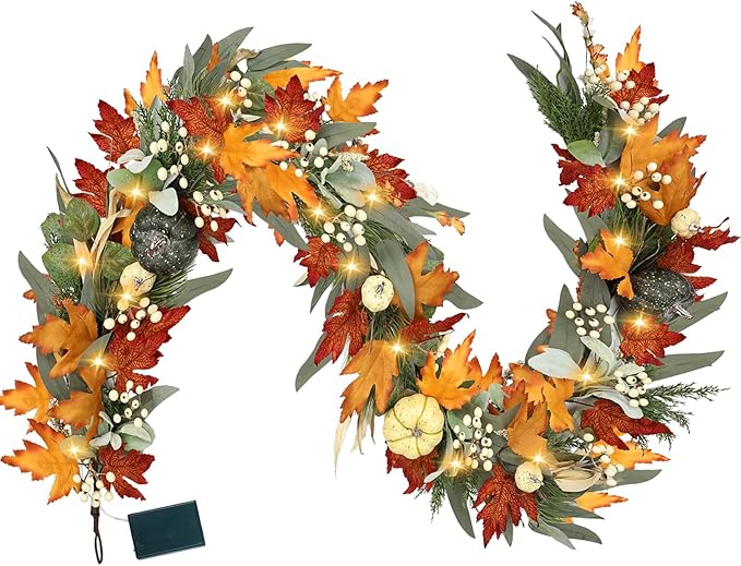 Realistic Fall Garland for Mantle 6 Ft Fall Maple Leaves Garlands with Lights/Timer Pumpkin Garland for Thanksgiving Outdoor Indoor Table Fireplace Autumn Decor Fall Decorations for Home Porch