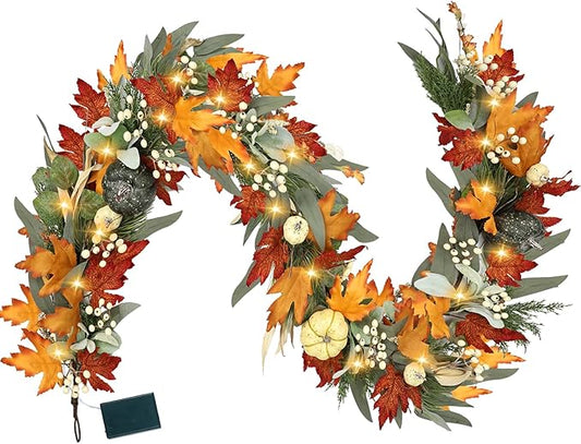 Realistic Fall Garland for Mantle 6 Ft Fall Maple Leaves Garlands with Lights/Timer Pumpkin Garland for Thanksgiving Outdoor Indoor Table Fireplace Autumn Decor Fall Decorations for Home Porch