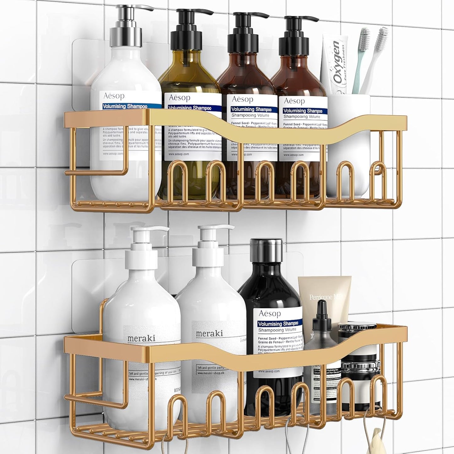 Shower Caddy 2 Pack, Adhesive Organizer for Bathroom Storage, Home Decor & Kitchen, No Drilling, Rustproof Stainless Steel Shelf, Bathroom Decor Sets