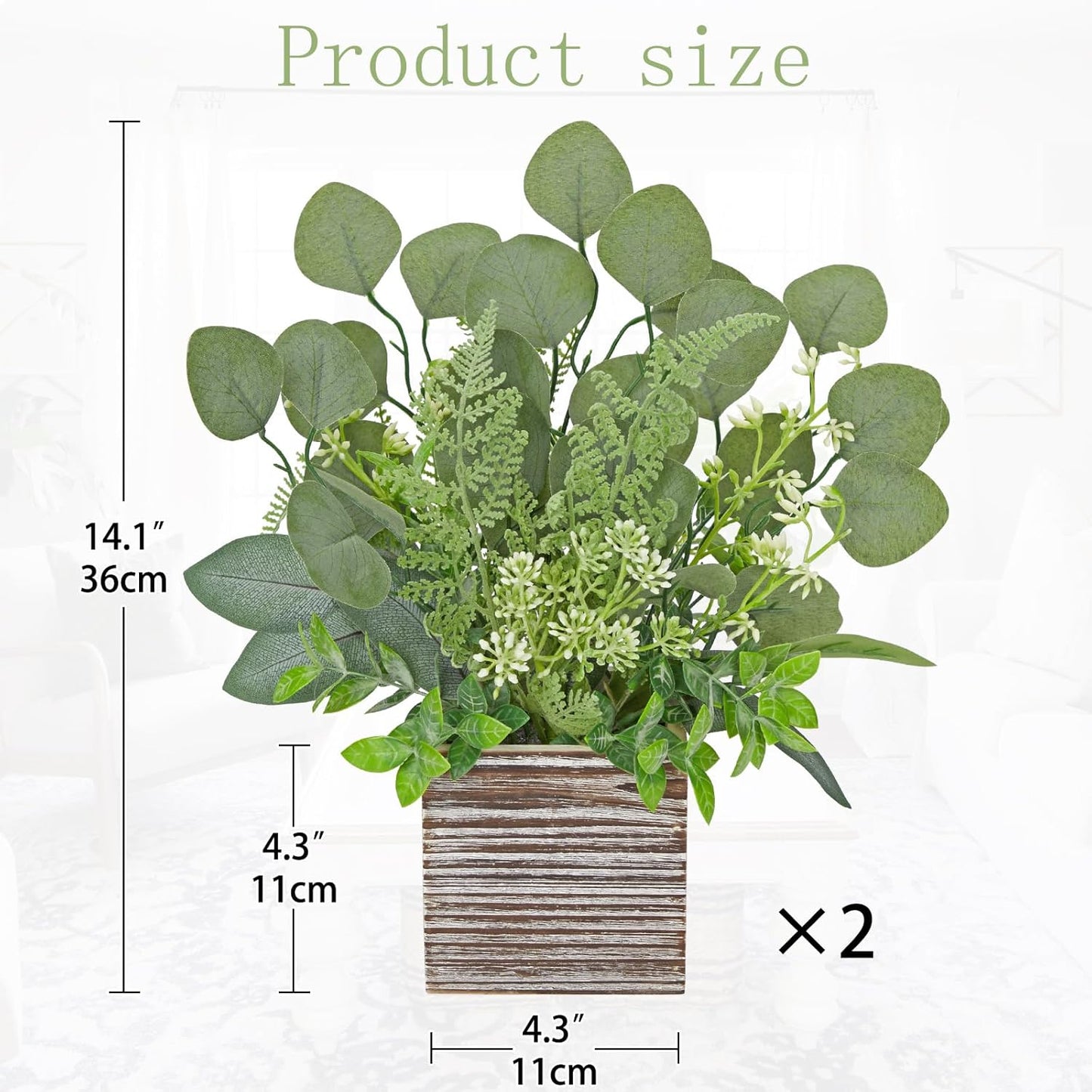 Hollyone 2Pcs Artificial Eucalyptus Plant in Rustic Wood Planter 14" Faux Eucalyptus Fern Greenery Arrangement Potted Plant Centerpiece for Farmhouse Home Indoor Wedding Table Shelf Kitchen Decor