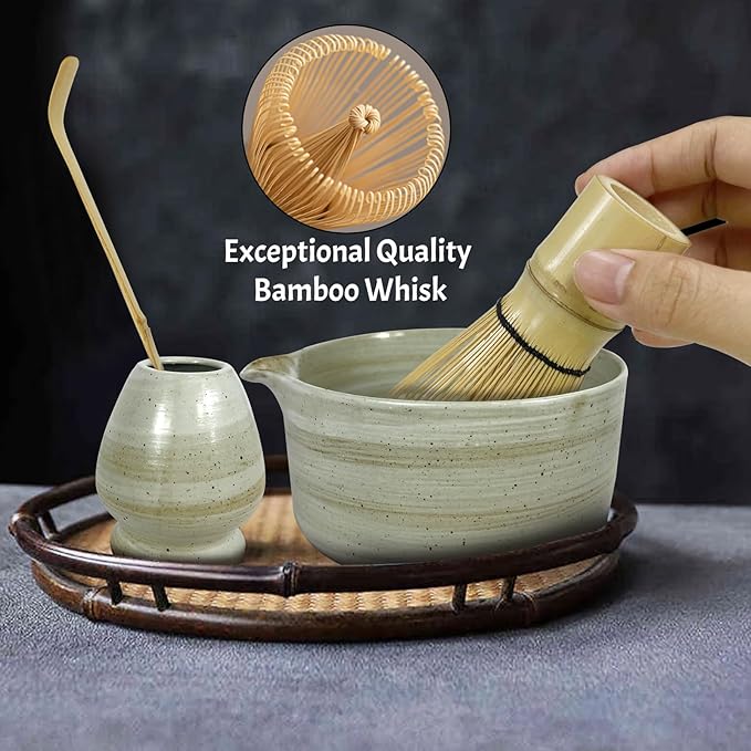 Matcha Whisk Set,6Pcs Matcha Kit Includes Matcha Whisk and Holder,Matcha Bowl with Spout,Matcha Sifter and 2Pcs Matcha Spoon,Suitable as a gift for those who like matcha (Gray)