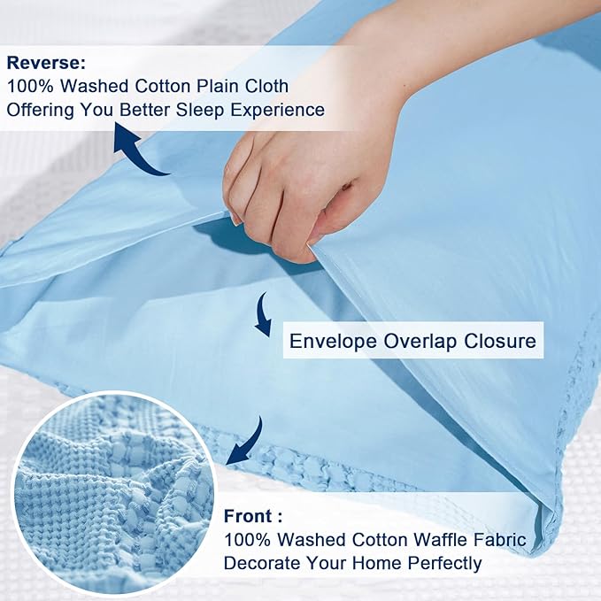 PHF Waffle Weave Pillow Shams Standard Size, 2 Pack 100% Cotton Pillowcases 20" x 26", No Insert, Soft & Breathable Aesthetic Woven Pillow Case Covers for Bedroom Decor, Sky Blue