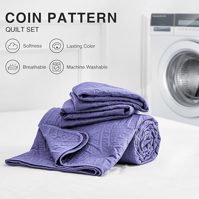 Love's cabin California King Size Quilt Bedding Set Deep Purple Bedspreads - Cal King Summer Lightweight Bedspread Comforter - Coin Pattern Coverlet for All Season - 3 Pieces (1 Quilt, 2 Pillow Shams)