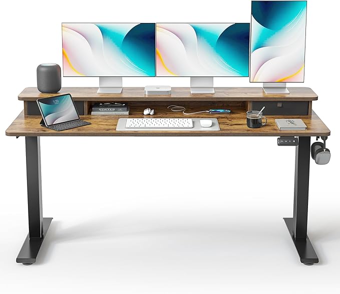 FEZIBO 60 x 24 Inch Height Adjustable Electric Standing Desk with Double Drawer, Computer Desk, Home Office Stand Up Table with 4 Height-Adjustable Feets & 2 Hooks, Rustic Brown
