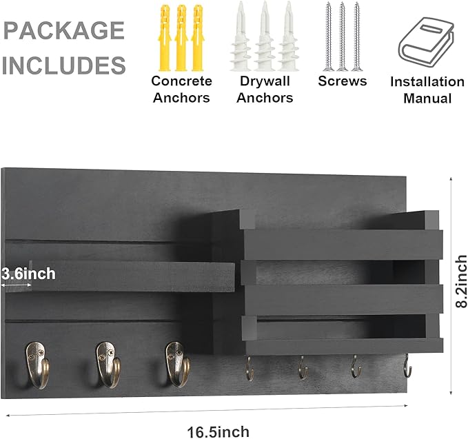 Mail Organizer for Wall Mount – Key Holder with Shelf Includes Letter Holder and Hooks for Coats, Dog Leashes – Rustic Wood with Flush Mounting Hardware (16.5” x 8.7” x 3.5”)