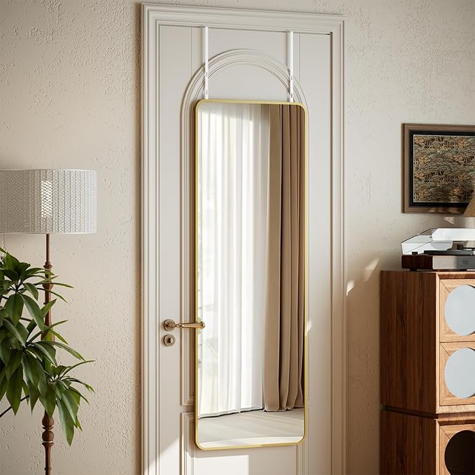 14"x48" Full Length Over The Door Mirror - Aluminum Alloy Frame Full Body Mirror with Height-Adjustable Hangers, Hanging Leaning Against Wall for Dorm, Gold