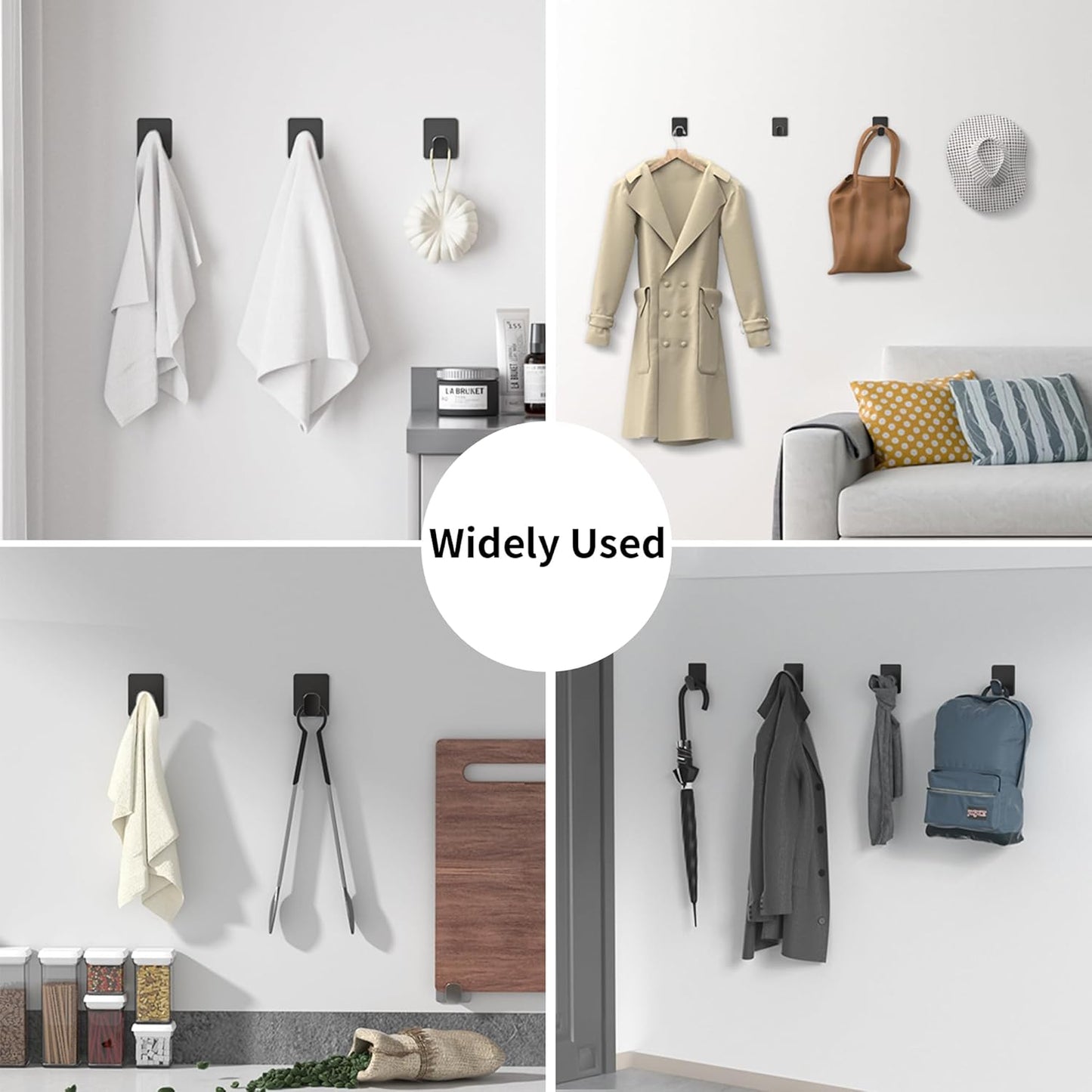 DELITON 8 Pack Adhesive Towel Hooks - Bathroom Towel/Wall Hooks for Hanging Coat Robe Stick on Bathroom or Kitchen Matte Black Stainless Steel