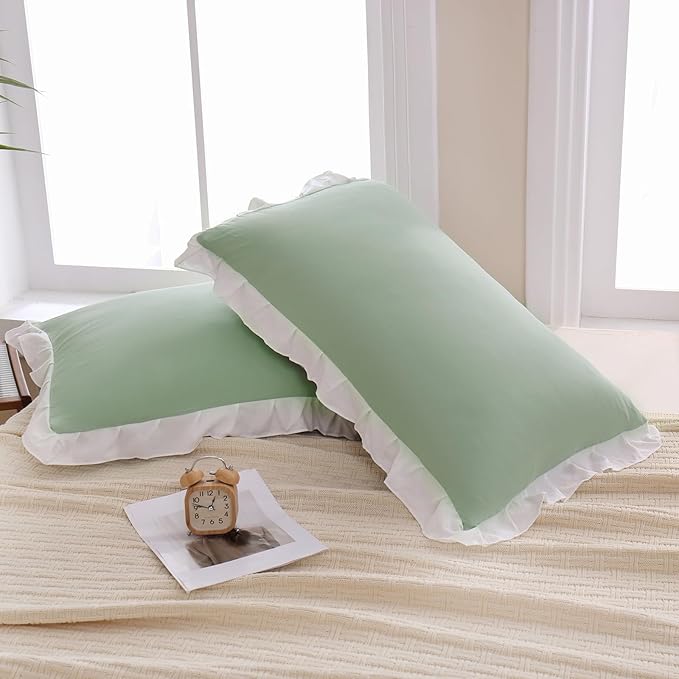 Merryword Green Pillow Shams Green and White Reversible King Pillowcases Cute Pillow Cover Set of 2 Soft Shabby Chic Ruffled Pillowcases 2 Pack (King (20''x36''), Green White)