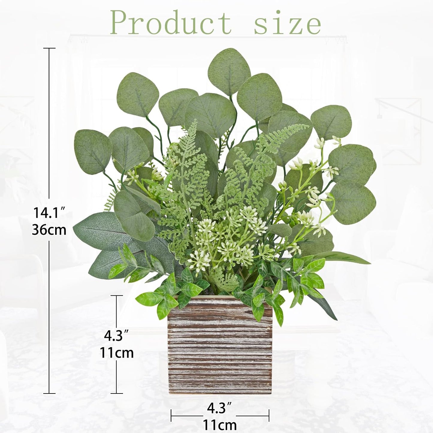 Hollyone Artificial Eucalyptus Plant in Rustic Wood Planter 14" Faux Eucalyptus Fern Greenery Arrangement Potted Plant Centerpiece for Farmhouse Home Indoor Wedding Table Mantel Shelf Kitchen Decor