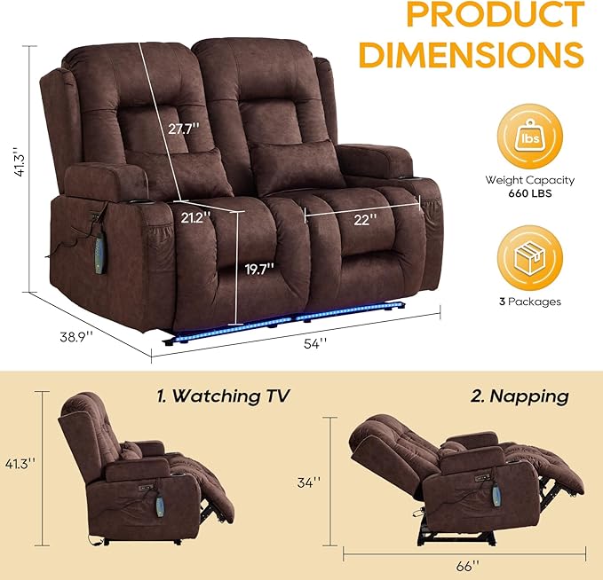 IPKIG 54" Power Loveseat Recliner Sofa, Electric Home Theater Seating with Massage Heat/4 Colors Ambient Lights/USB Port/Side Pocket/Cup Holder for Living Room, Bedroom, RVs(Brown, 2 Seater)