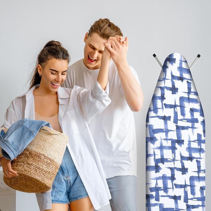 Ironing Board Cover and pad - 15 x 54 Thick Padding 4 Layers with 2" Elastic, Stain Resistant & Durable Scorch, 2 Click Buckles for Smooth Iron/Easy Installation in Laundry Room, Blue Brushstrokes