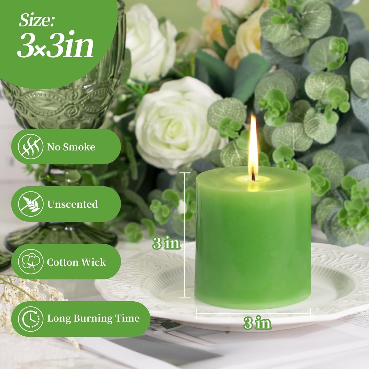 KONNI Green Pillar Candles Set of 3, 3"x 3" Unscented Pillar Candles Bulk, 30 Hours Long Burning Candles, Smokeless&Dripless Large Round Candle for Wedding, Home Decoration, Parties, Spas, Dinner