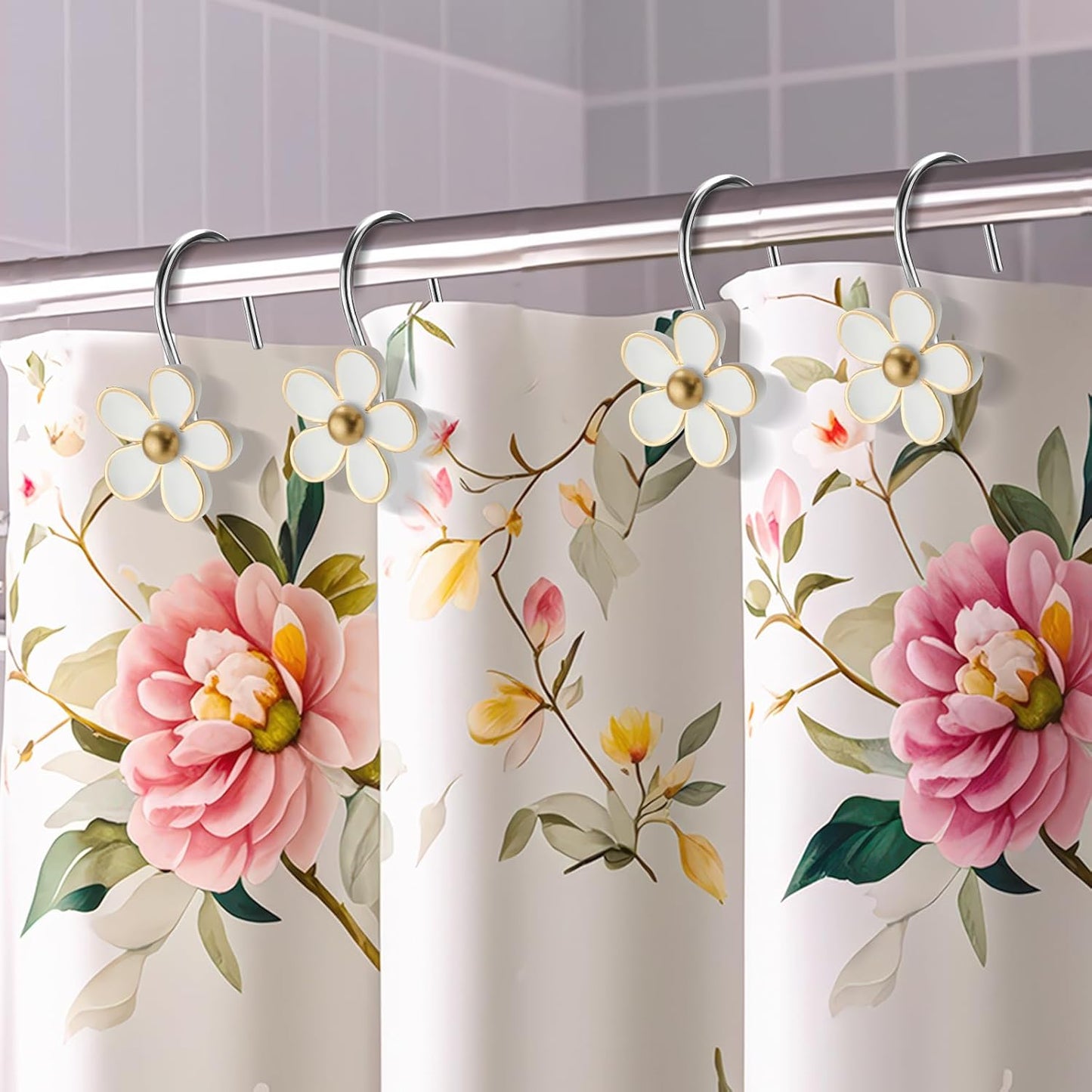 Cute Flower Shower Curtain Hooks, Pretty Floral Themed Elegant Bathroom Decor, Gold/White