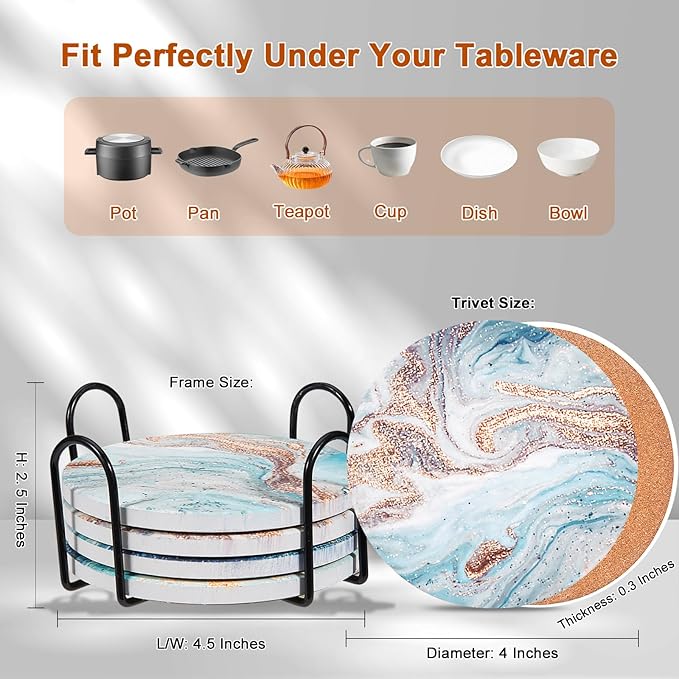 6-Pcs 4'' Ceramic Marble Style Trivet with Holder, Absorbent Trivets for Hot Dishes, Cork Bottom Anti-Slip Trivet Mats for Hot Pots and Pans
